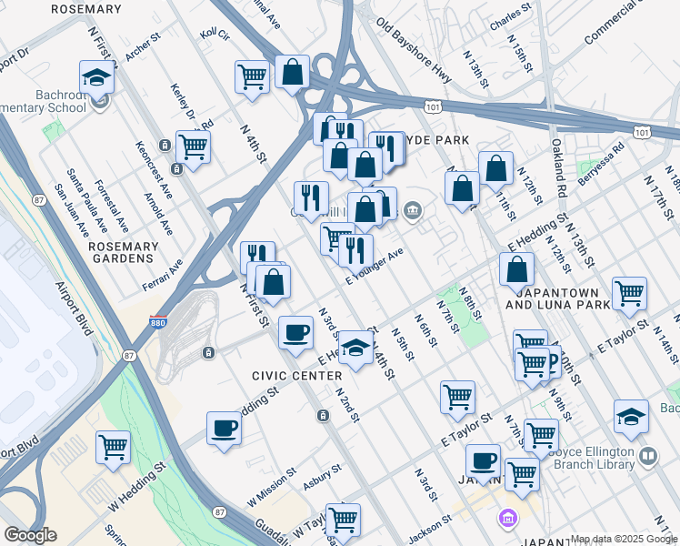 map of restaurants, bars, coffee shops, grocery stores, and more near 1030 North 4th Street in San Jose