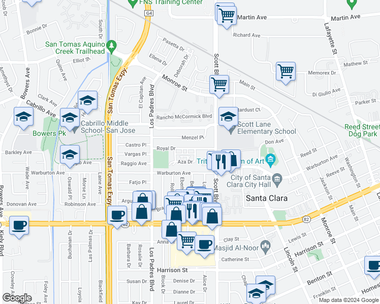 map of restaurants, bars, coffee shops, grocery stores, and more near 2135 Royal Drive in Santa Clara