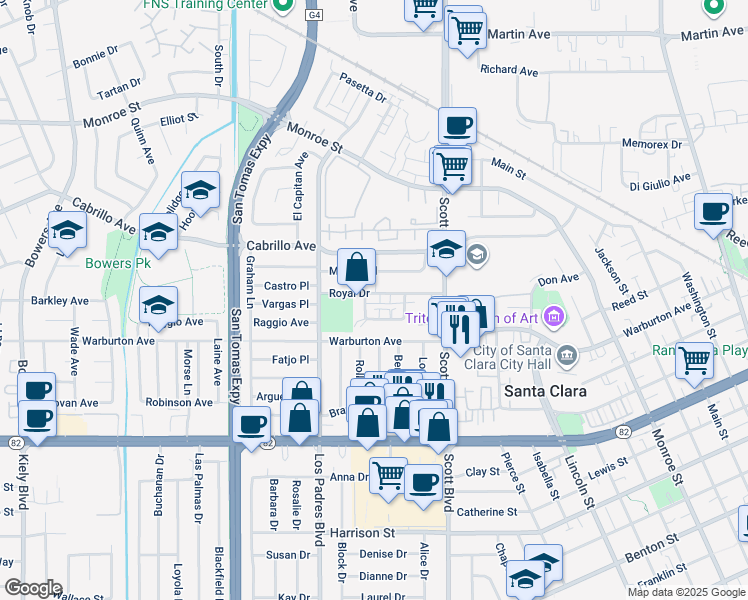 map of restaurants, bars, coffee shops, grocery stores, and more near 2135 Royal Drive in Santa Clara