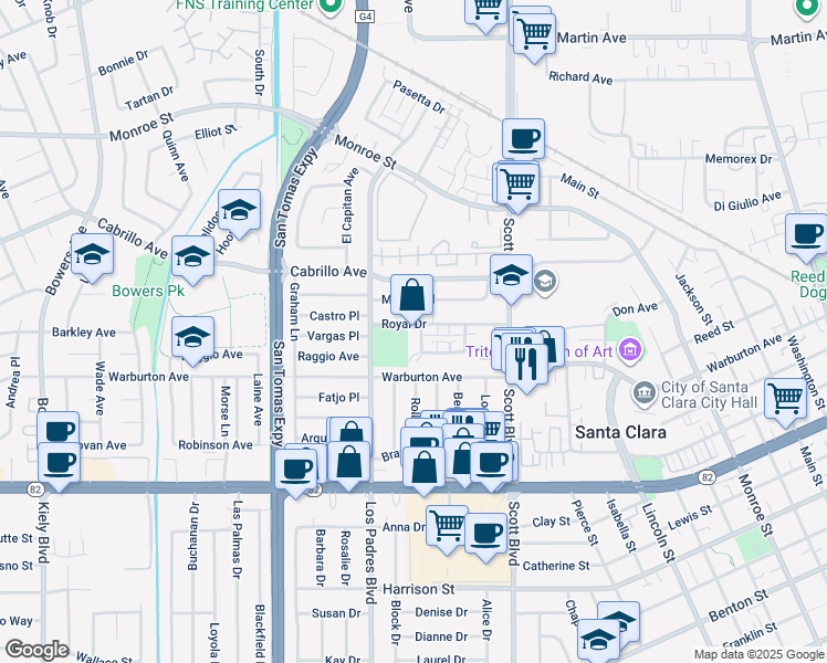 map of restaurants, bars, coffee shops, grocery stores, and more near 2215 Royal Drive in Santa Clara