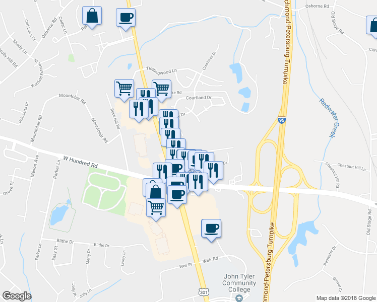 map of restaurants, bars, coffee shops, grocery stores, and more near 12331 Jefferson Davis Highway in Chester