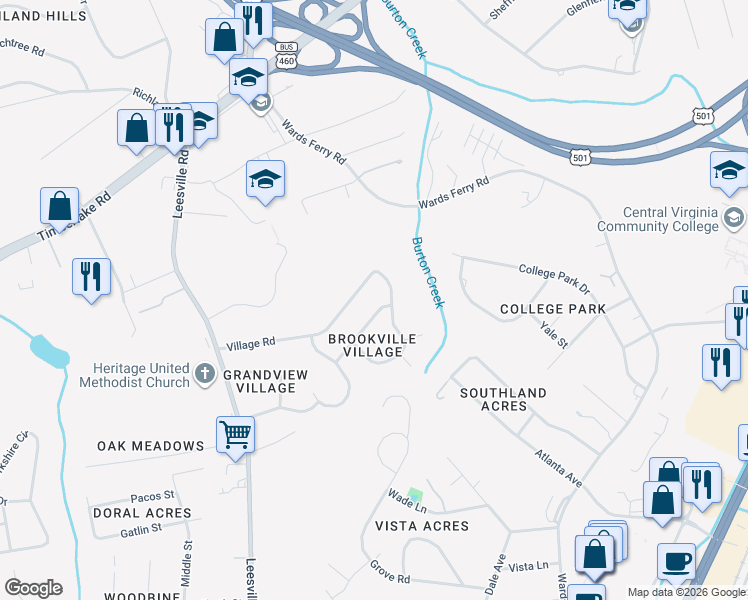 map of restaurants, bars, coffee shops, grocery stores, and more near 100 Stonehouse Dr in Lynchburg