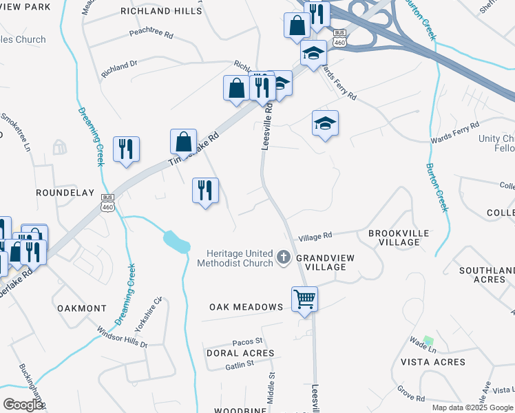 map of restaurants, bars, coffee shops, grocery stores, and more near 542 Leesville Road in Lynchburg