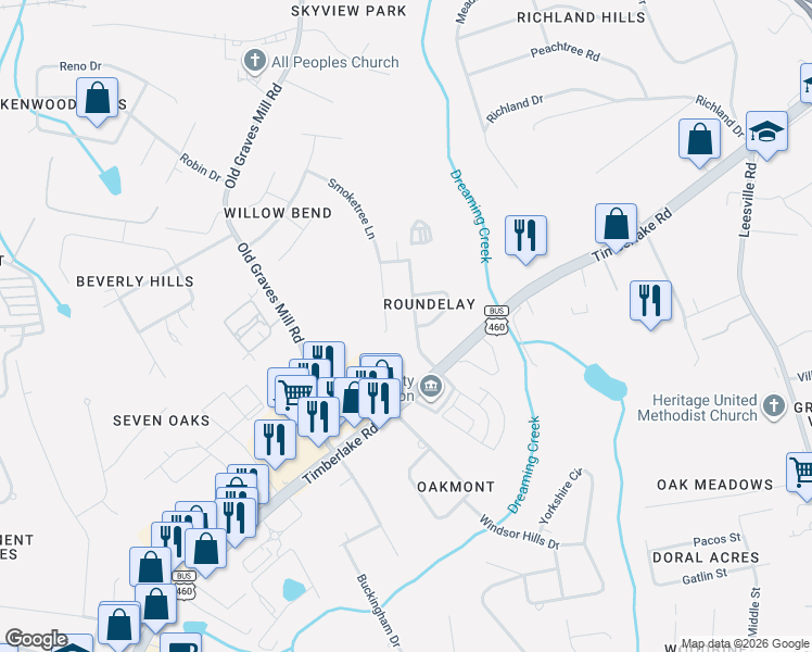 map of restaurants, bars, coffee shops, grocery stores, and more near 2004 Roundelay Road in Lynchburg