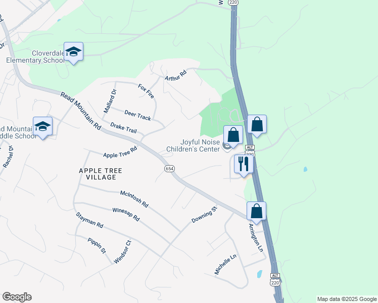 map of restaurants, bars, coffee shops, grocery stores, and more near 140-198 Toad Hollow in Roanoke