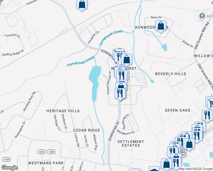 map of restaurants, bars, coffee shops, grocery stores, and more near 128 Grand Summit Drive in Lynchburg