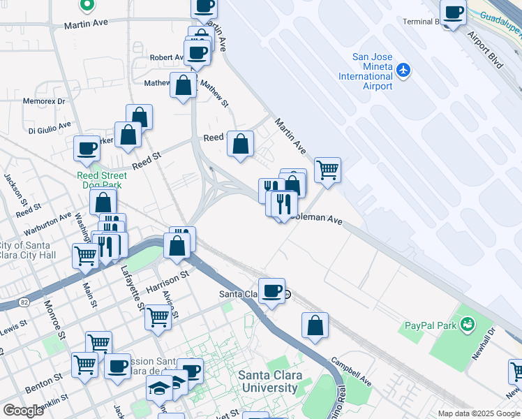 map of restaurants, bars, coffee shops, grocery stores, and more near 1601 Coleman Avenue in Santa Clara