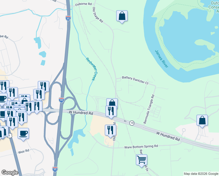 map of restaurants, bars, coffee shops, grocery stores, and more near 12516 Old Stage Road in Chester
