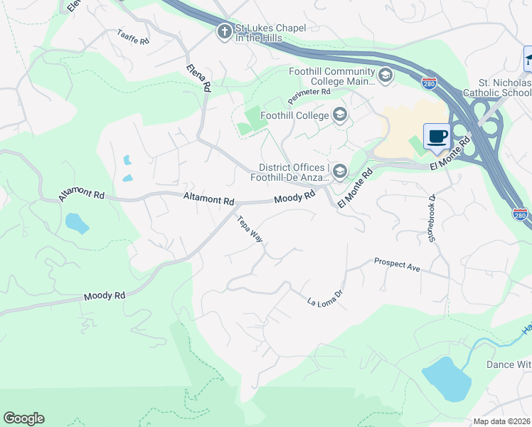 map of restaurants, bars, coffee shops, grocery stores, and more near 25525 Adobe Lane in Los Altos Hills