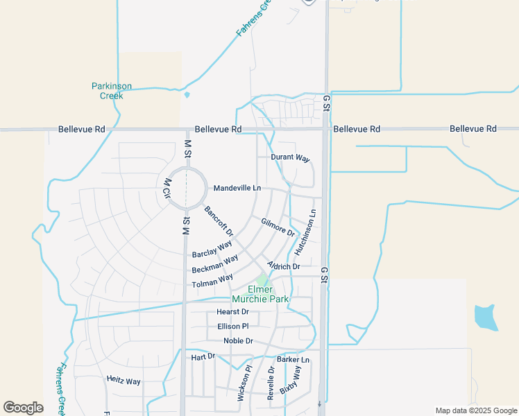 map of restaurants, bars, coffee shops, grocery stores, and more near 4734 Barclay Way in Merced