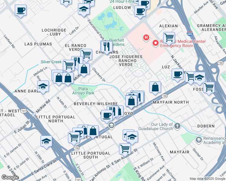 map of restaurants, bars, coffee shops, grocery stores, and more near 175 Silcreek Drive in San Jose