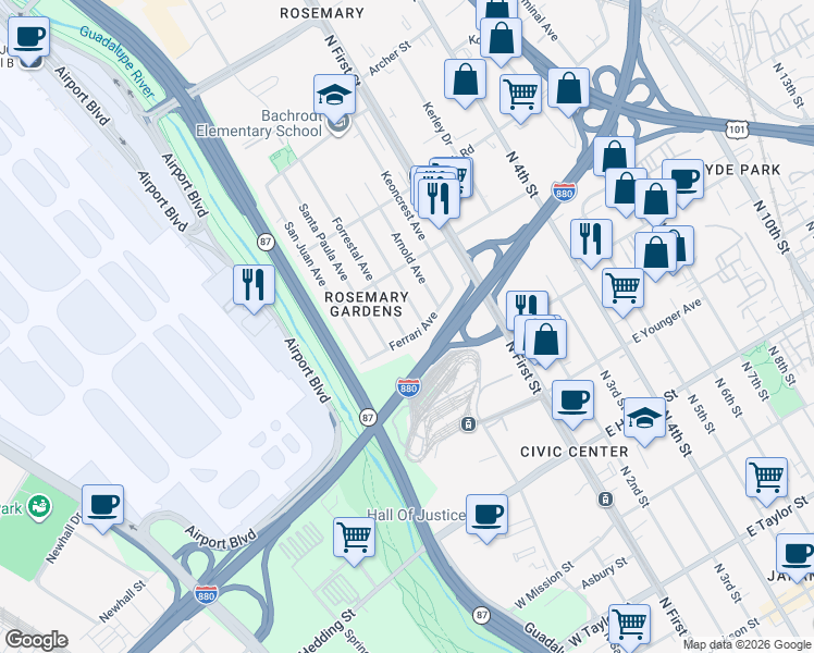 map of restaurants, bars, coffee shops, grocery stores, and more near 1212 Forrestal Avenue in San Jose