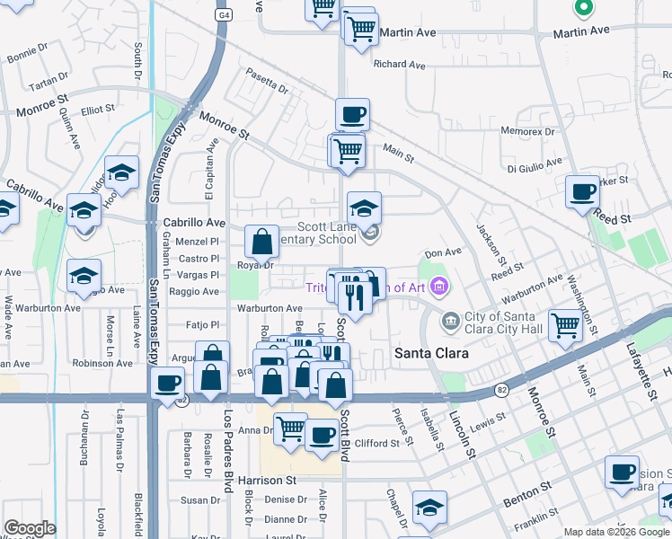 map of restaurants, bars, coffee shops, grocery stores, and more near 1900 Scott Boulevard in Santa Clara