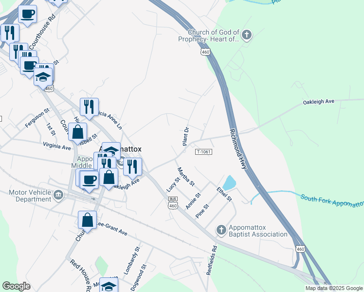 map of restaurants, bars, coffee shops, grocery stores, and more near 545 Oakleigh Avenue in Appomattox