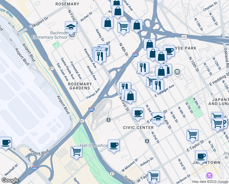 map of restaurants, bars, coffee shops, grocery stores, and more near 1150 North 1st Street in San Jose