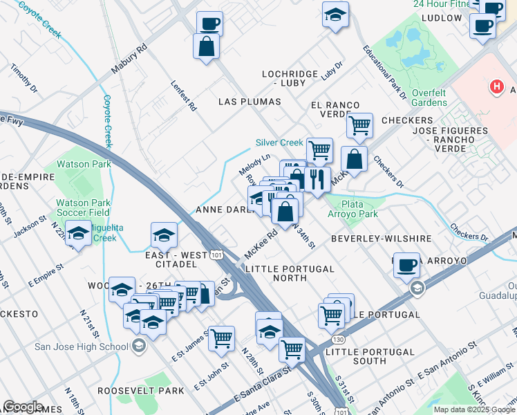 map of restaurants, bars, coffee shops, grocery stores, and more near 363 Royce Drive in San Jose
