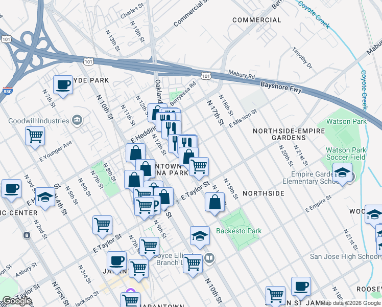 map of restaurants, bars, coffee shops, grocery stores, and more near 636 East Mission Street in San Jose