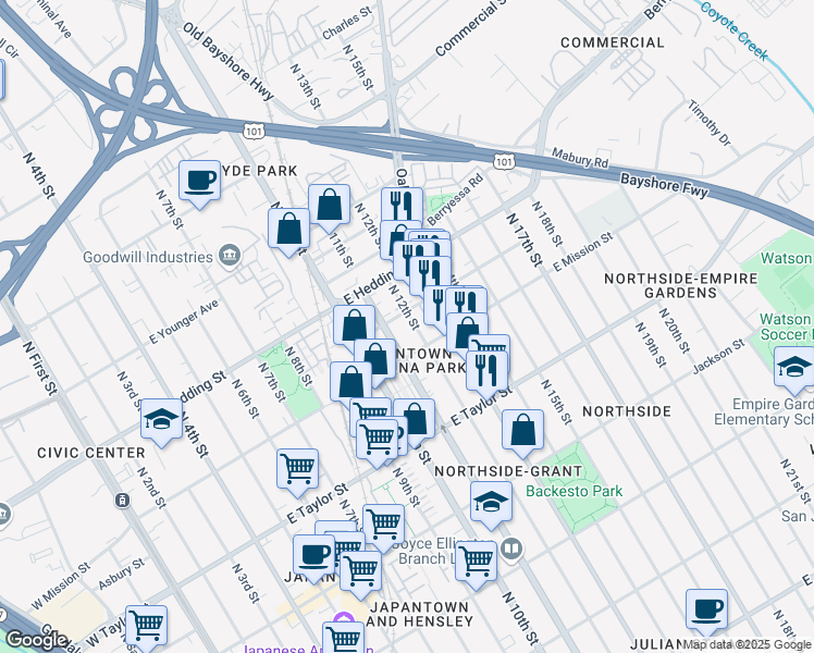 map of restaurants, bars, coffee shops, grocery stores, and more near 527 Vestal Street in San Jose