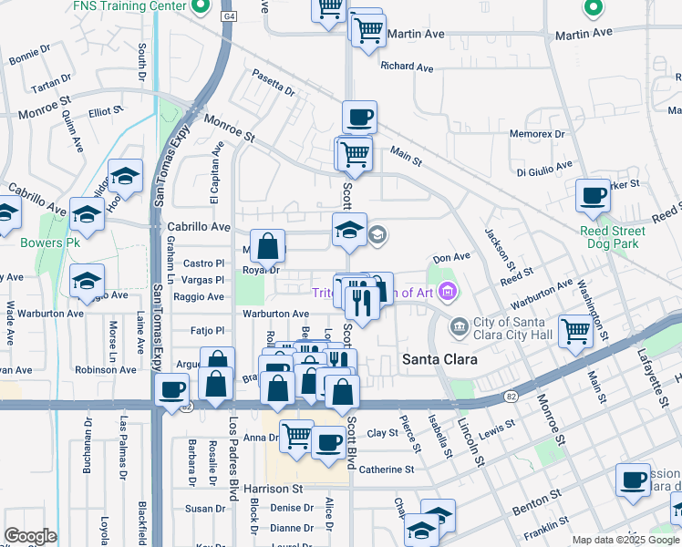 map of restaurants, bars, coffee shops, grocery stores, and more near 1900 Scott Boulevard in Santa Clara