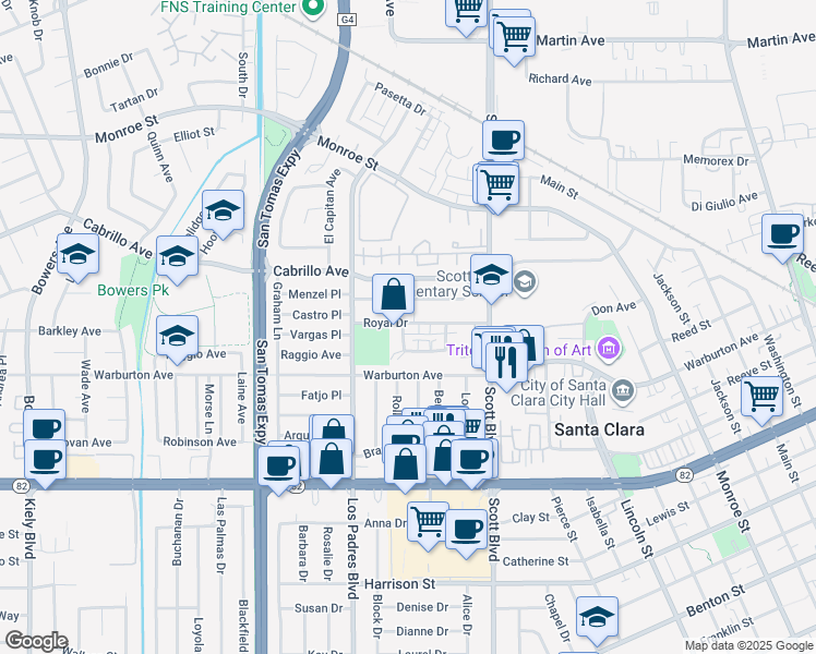 map of restaurants, bars, coffee shops, grocery stores, and more near 2144 Royal Drive in Santa Clara