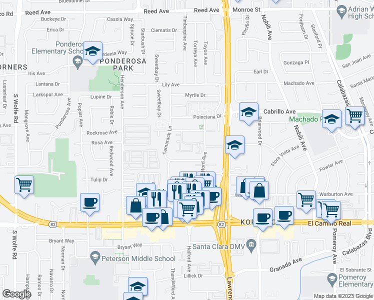 map of restaurants, bars, coffee shops, grocery stores, and more near 1908 Magdalena Circle in Santa Clara