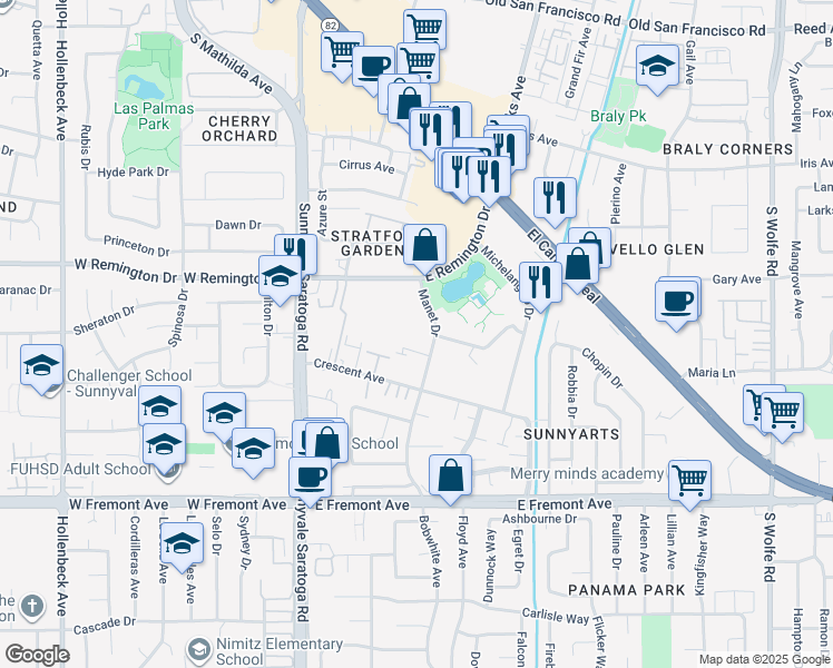map of restaurants, bars, coffee shops, grocery stores, and more near 1055 Manet Drive in Sunnyvale