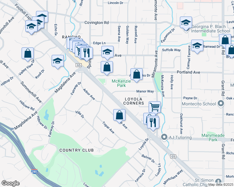 map of restaurants, bars, coffee shops, grocery stores, and more near 784 Manor Way in Los Altos