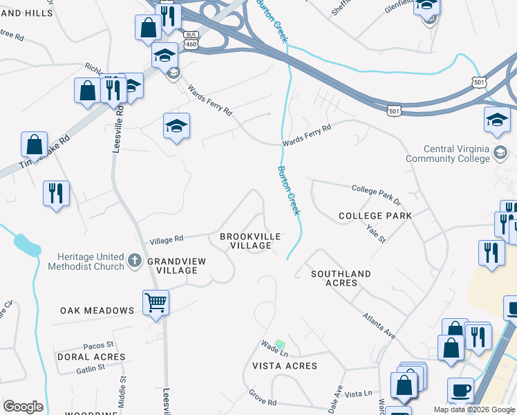 map of restaurants, bars, coffee shops, grocery stores, and more near 100 Stonehouse Dr in Lynchburg