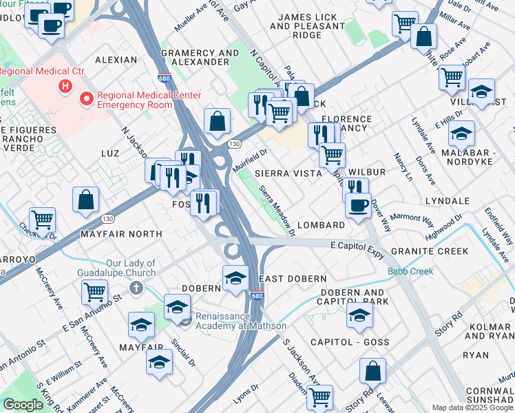 map of restaurants, bars, coffee shops, grocery stores, and more near 2361 Lendrum Avenue in San Jose