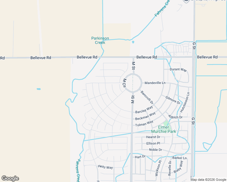 map of restaurants, bars, coffee shops, grocery stores, and more near M St in Merced