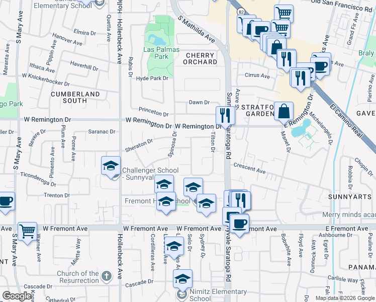 map of restaurants, bars, coffee shops, grocery stores, and more near 1143 Tangerine Way in Sunnyvale