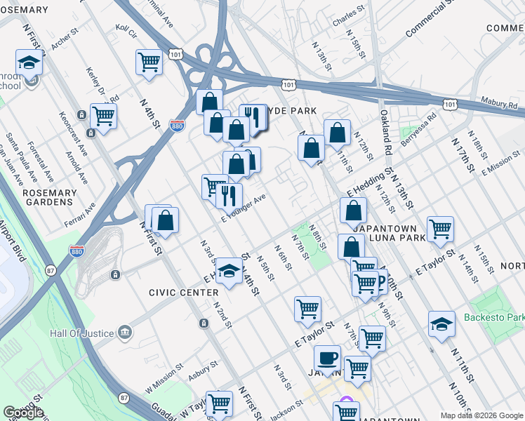 map of restaurants, bars, coffee shops, grocery stores, and more near 982 North 6th Street in San Jose
