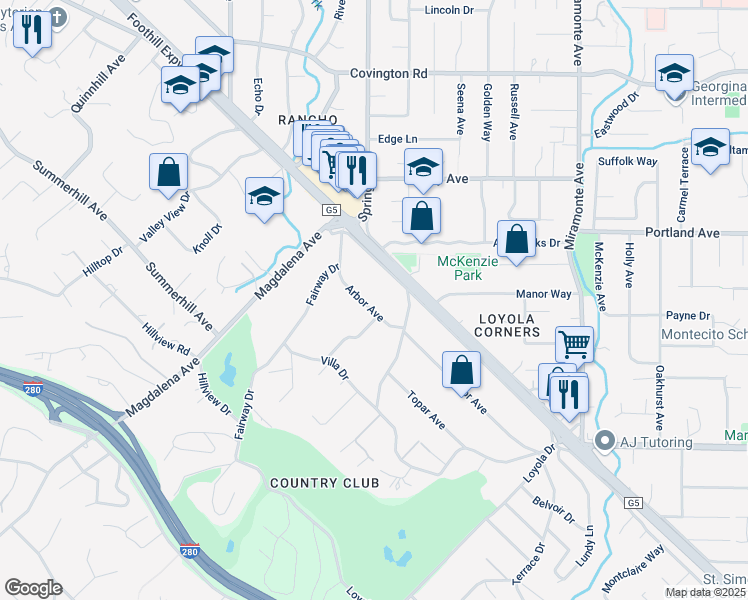 map of restaurants, bars, coffee shops, grocery stores, and more near 1325 Arbor Avenue in Los Altos