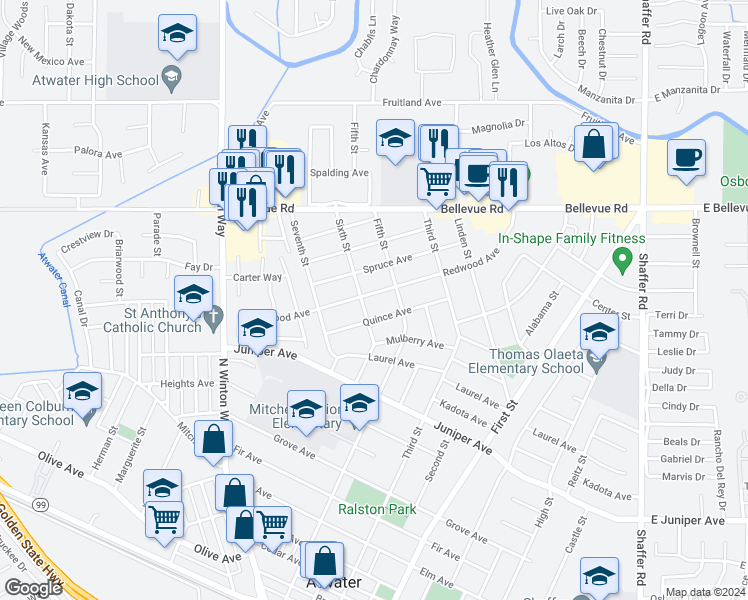 map of restaurants, bars, coffee shops, grocery stores, and more near 1470 Redwood Avenue in Atwater