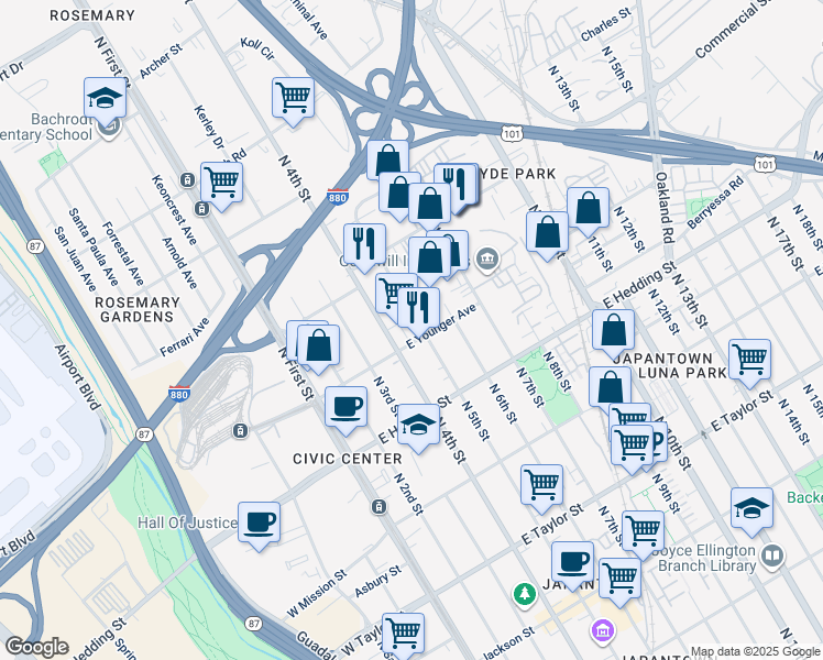 map of restaurants, bars, coffee shops, grocery stores, and more near 1010 North 5th Street in San Jose