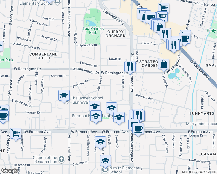 map of restaurants, bars, coffee shops, grocery stores, and more near 1143 Tangerine Way in Sunnyvale