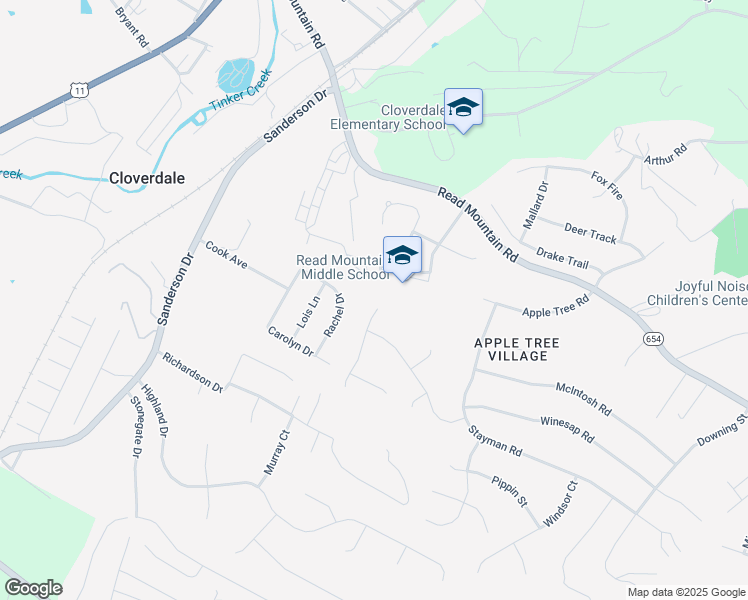 map of restaurants, bars, coffee shops, grocery stores, and more near 102 Apple Lane in Roanoke