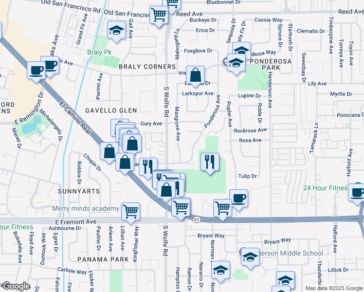 map of restaurants, bars, coffee shops, grocery stores, and more near 956 Mangrove Avenue in Sunnyvale