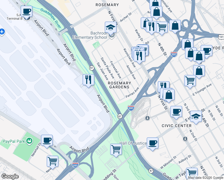 map of restaurants, bars, coffee shops, grocery stores, and more near 1281 San Juan Avenue in San Jose