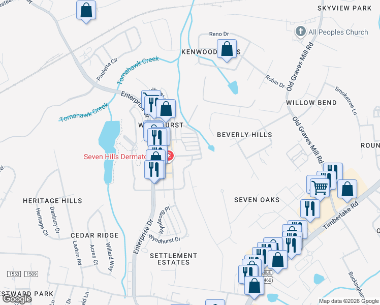 map of restaurants, bars, coffee shops, grocery stores, and more near 600 Northwynd Circle in Lynchburg