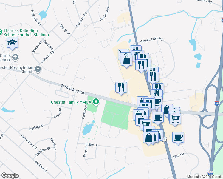map of restaurants, bars, coffee shops, grocery stores, and more near 2903 Mountclair Road in Chester