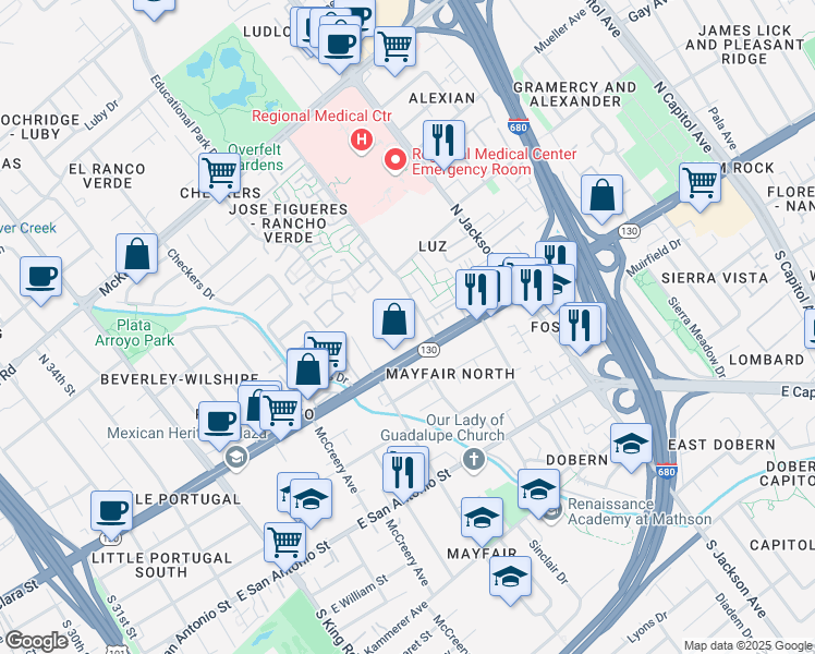 map of restaurants, bars, coffee shops, grocery stores, and more near 2091 Alum Rock Avenue in San Jose