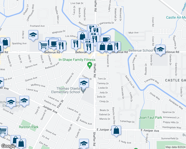 map of restaurants, bars, coffee shops, grocery stores, and more near 102 East Fortuna Avenue in Atwater