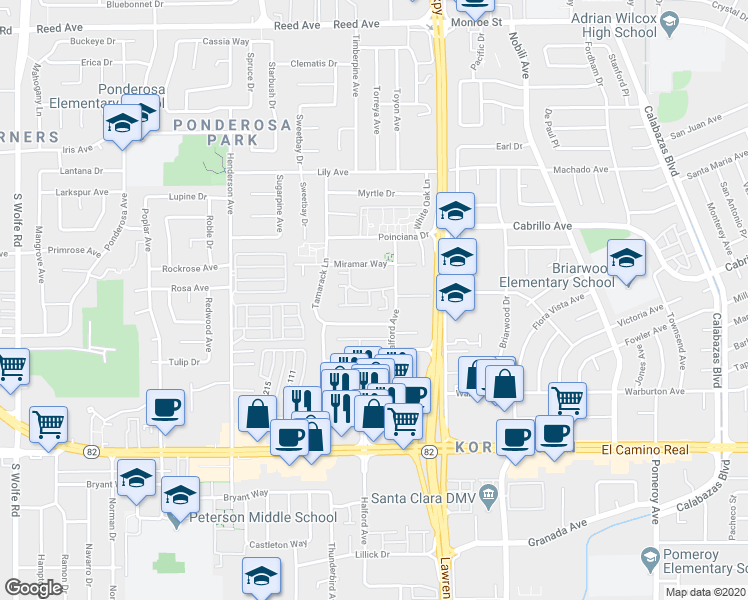 map of restaurants, bars, coffee shops, grocery stores, and more near 1908 Magdalena Circle in Santa Clara