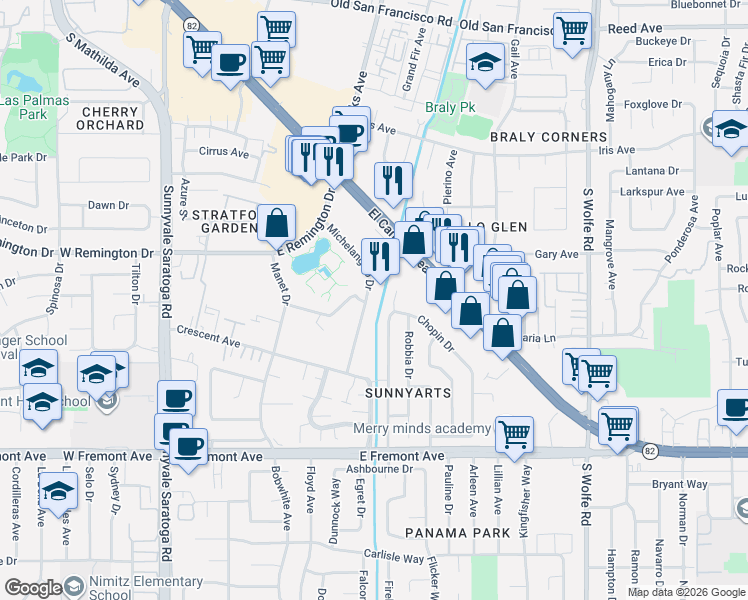 map of restaurants, bars, coffee shops, grocery stores, and more near 1006 Michelangelo Drive in Sunnyvale