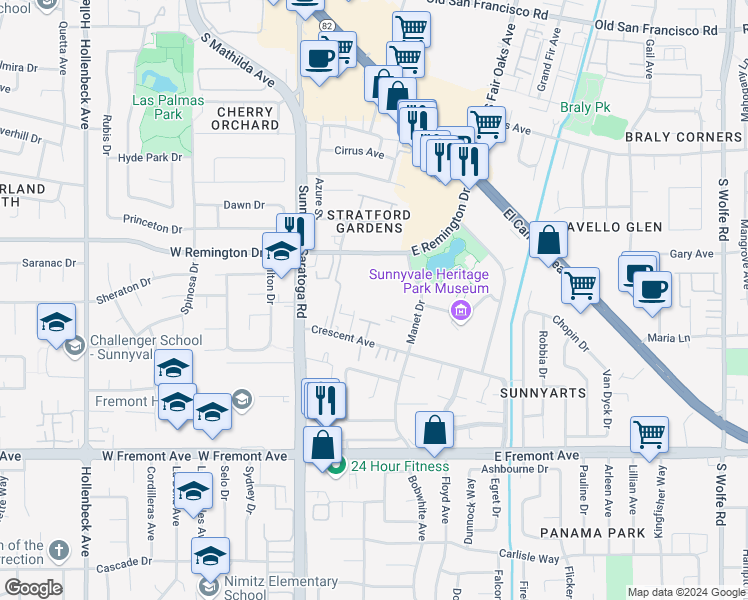 map of restaurants, bars, coffee shops, grocery stores, and more near 400 East Remington Drive in Sunnyvale