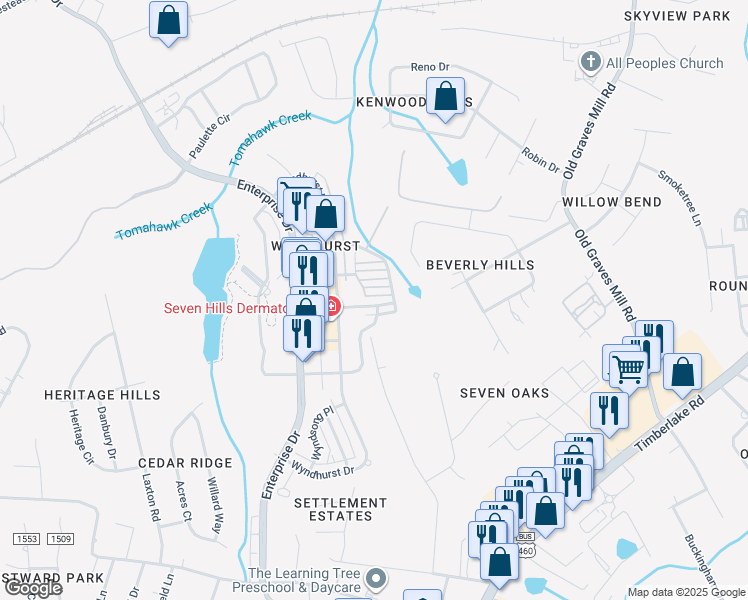 map of restaurants, bars, coffee shops, grocery stores, and more near 600 Northwynd Circle in Lynchburg