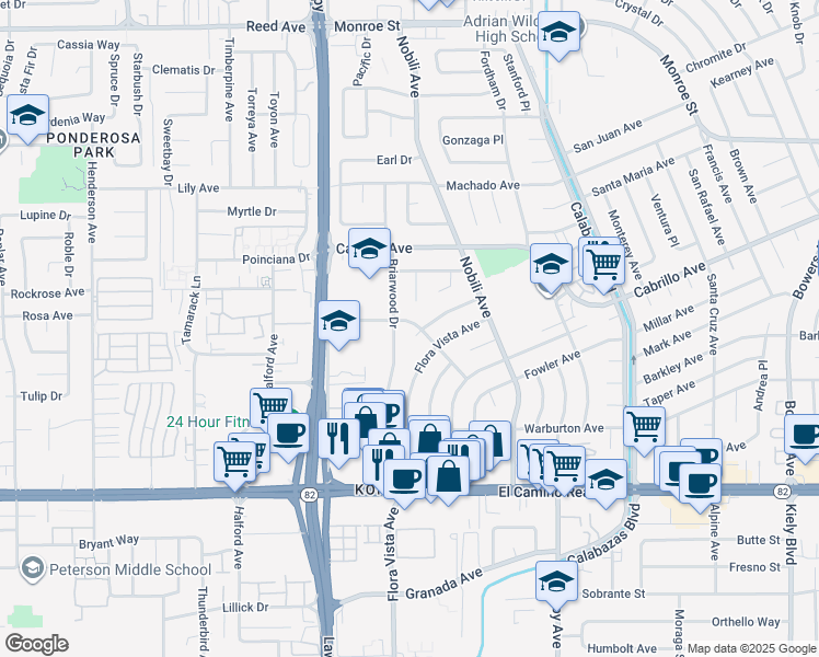 map of restaurants, bars, coffee shops, grocery stores, and more near 3468 Bella Vista Court in Santa Clara