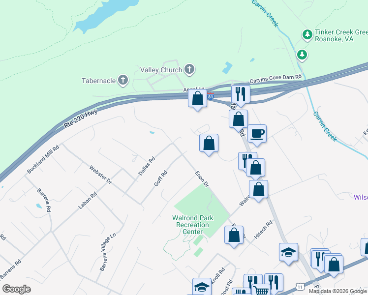 map of restaurants, bars, coffee shops, grocery stores, and more near 8005 Enon Drive in Roanoke