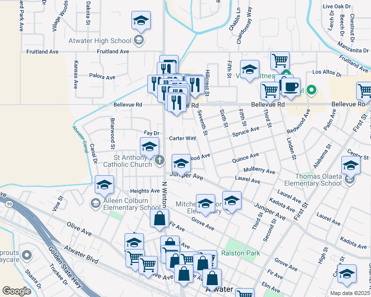 map of restaurants, bars, coffee shops, grocery stores, and more near 2413 Springwood Drive in Atwater